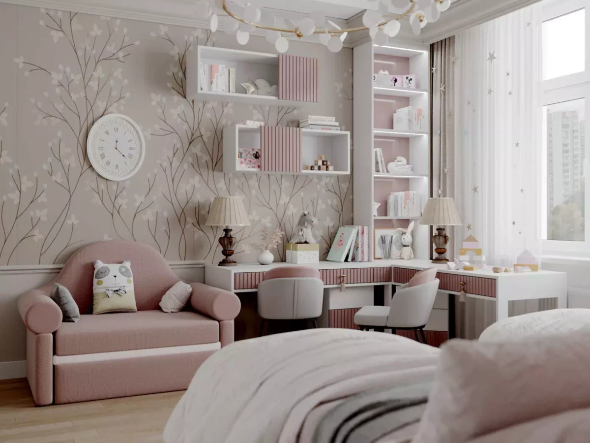 Бело-розовая мебель в комнату 2 девочек 6171-2-2