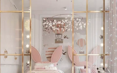 Бело-розовый дизайн детской комнаты с прозрачными перегородками для 2 девочек-сестричек