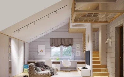 Роскошный дизайн детской для 2 мальчиков — интерьер комнаты под крышей