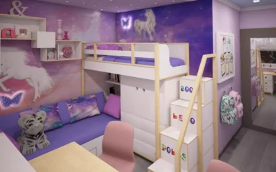 Красивый дизайн-проект детской для 2 девочек – интерьер с единорогами для маленьких принцесс