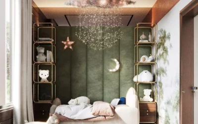 Дизайн детской комнаты девочки — интерьер с удивительной люстрой-тучкой, и нежной акцентной стеной