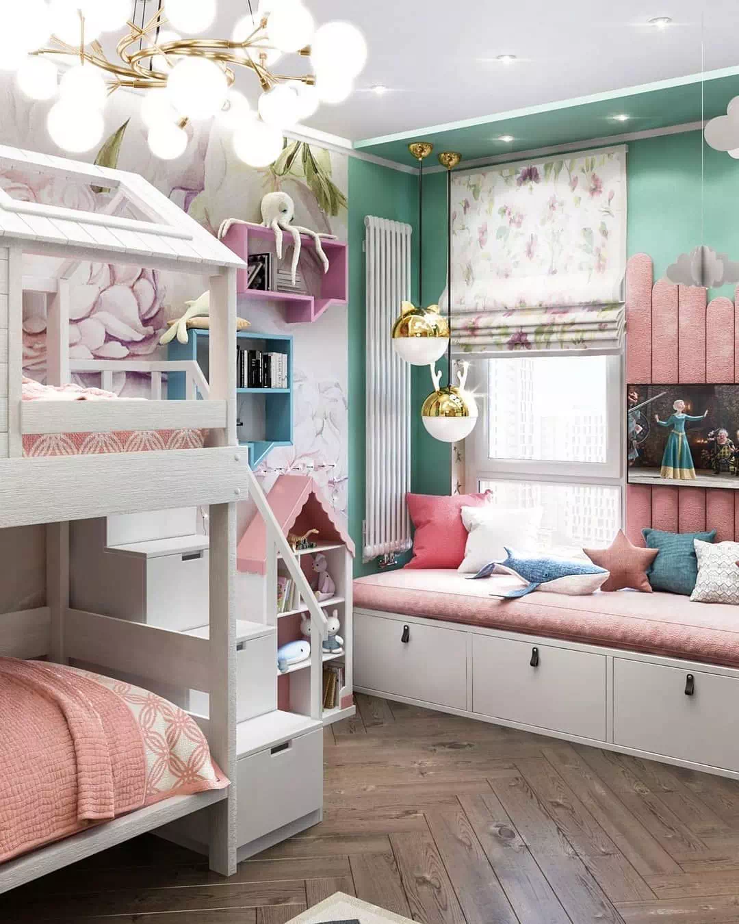 ≡ ➤ Дизайн-проект детской комнаты для девочки с двухярусной кроватью-домиком ⋆ Фабрика мебели «Mamka™» ᐈ Эксперт детского пространства