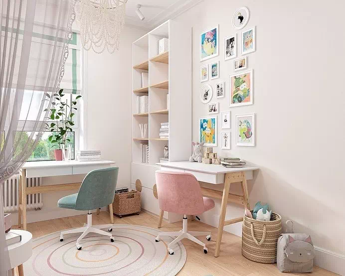 Дизайн детской комнаты с молдингами для 2 девочек 3