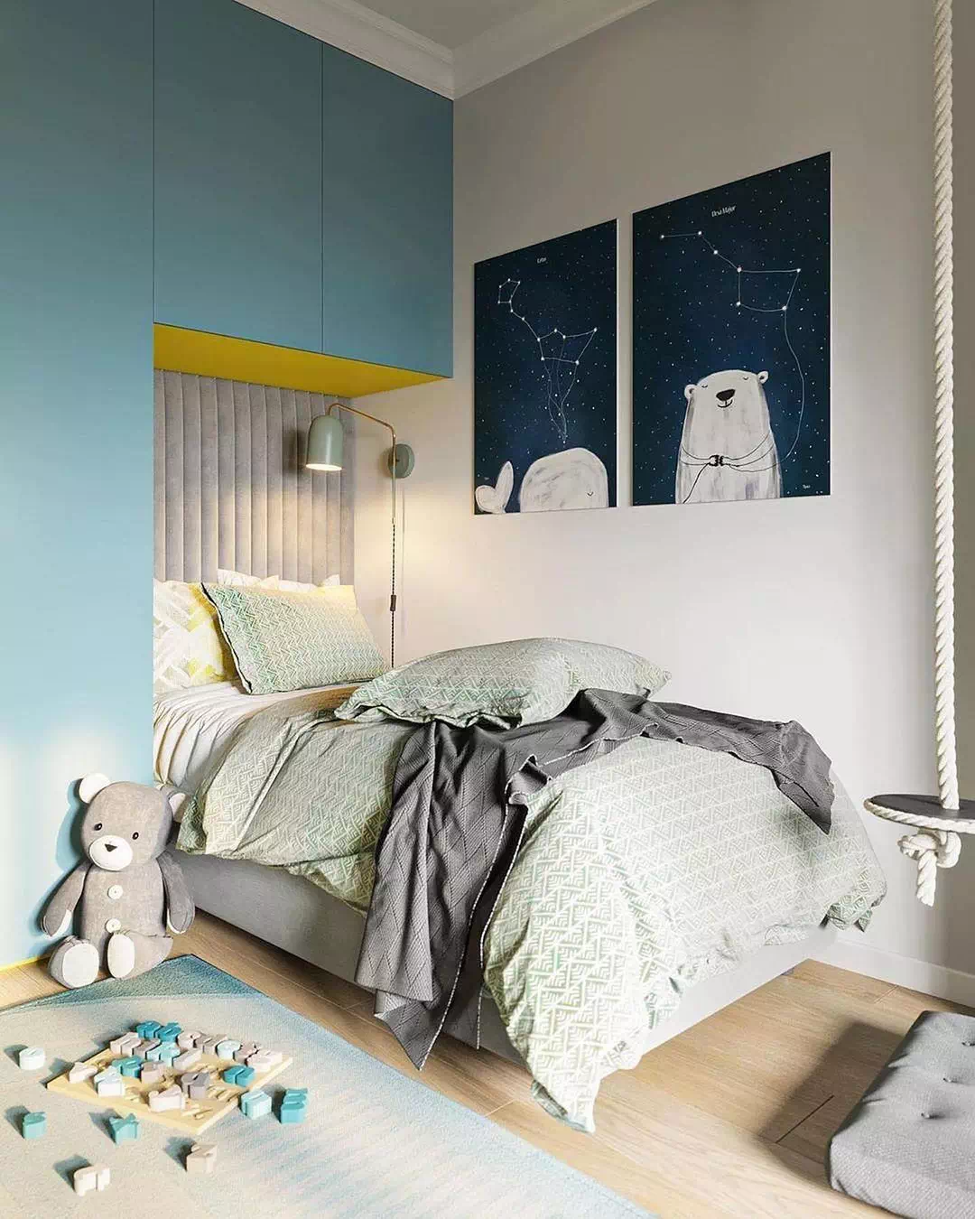 Дизайн детской спальни для мальчика в бело-синем цвете 1