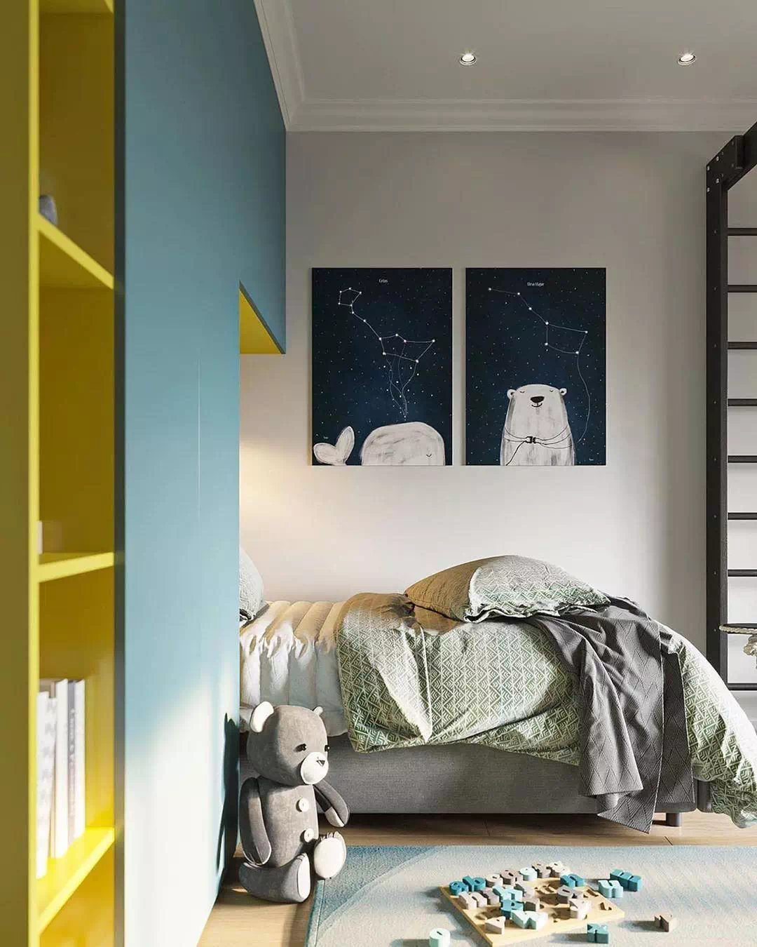 Дизайн детской спальни для мальчика в бело-синем цвете 5