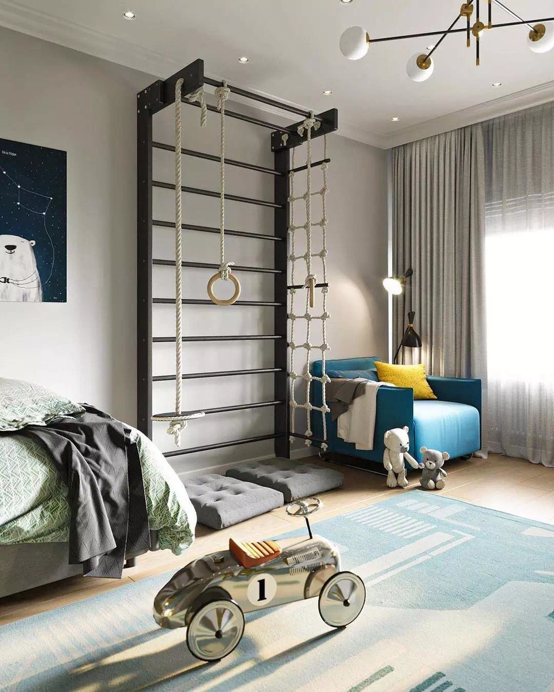 Дизайн детской спальни для мальчика в бело-синем цвете 6