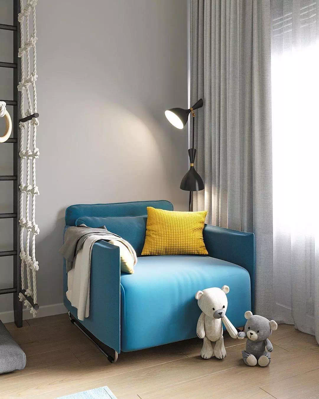 Дизайн детской спальни для мальчика в бело-синем цвете 7