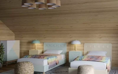 Дизайн детской комнаты для двоих детей — интерьер в эко-стиле с потолком мансардного типа