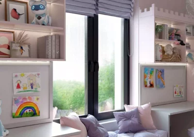 Дизайнерская мебель в розово-бело-сиреневых тонах в детскую комнату девочки — проект 5299-1