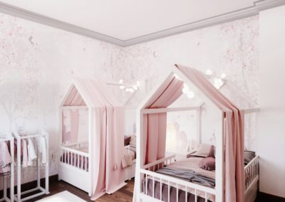 Уютная спальня для двух девочек с дизайнерской мебелью