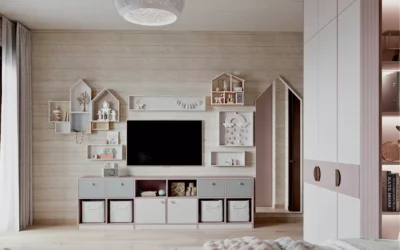 Изящная мебель в детскую комнату девочки 5 лет в розовом и белом цвете — проект 6017