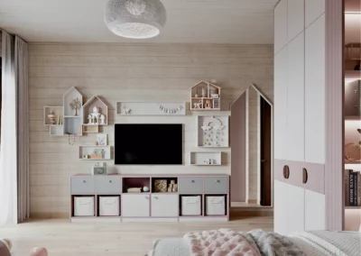 Изящная мебель в детскую комнату девочки 5 лет в розовом и белом цвете — проект 6017