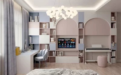 Красивая мебель в комнату девочки, оформленную в сиреневых и розовых оттенках — проект 5447-2