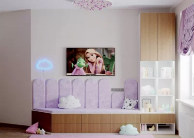 Лаконичная мебель в детскую девочки, оформленную в лиловых тонах — проект 7759