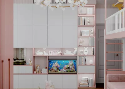 Мебель в детскую девочки, оформленную в бело-розовых тонах с мятными акцентами — проект 6377
