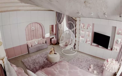 Мебель для детской комнаты девочки со скошенным потолком, необычной отделкой стен — проект 6537-2