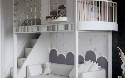 Белоснежная мебель в детскую комнату девочки с фиолетово-лиловыми акцентами — проект 8721