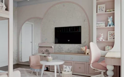 Бело-розовая мебель в детскую девочки с голубыми акцентами — проект 8925-1