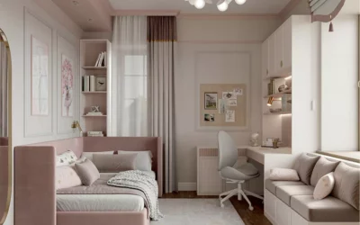 Белоснежная мебель в комнату девочки-подростка с бежевыми и розовыми акцентами — проект 9029