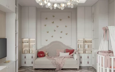 Светлая мебель в стиле современной классики в комнату для девочки — проект 9747-3
