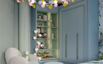Мебель в комнату ребенка-мальчика с серо-голубыми фасадами — проект 9541-3