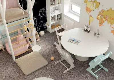 Мебель, оформленная в светлых оттенках, в детскую игровую 3 девочек — проект 5933
