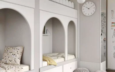 Необычный дизайн детской комнаты с оригинальной зоной сна для троих девочек