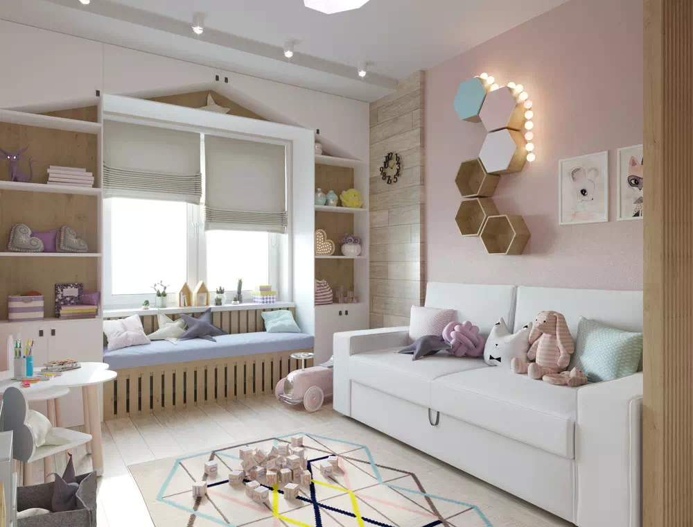 Яркий дизайн проект детской комнаты для 2 сестричек с практичной мебелью