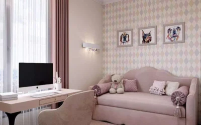 Нежный дизайн спальни для девочки — комната с удобной рабочей зоной и стильным диванчиком