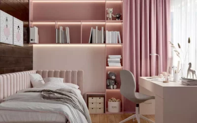 Стильная мебель, оформленная в розовых оттенках разной насыщенности, в детскую девочки — проект 6301-2