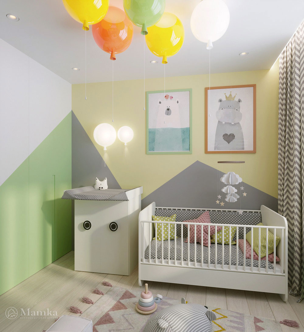 Смелый интерьер детской комнаты для новорожденного — множество ярких деталей и нейтральный фон