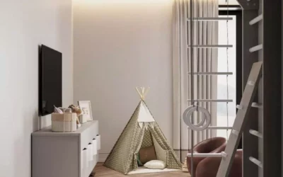 Стильный дизайн детской комнаты для девочки, с домиком-вигвамом и телевизором