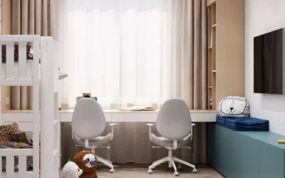 Светлый дизайн детской комнаты для двоих детей – спальня с рабочим местом и игровой зоной