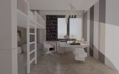 Дизайн детской комнаты для 2 девочек — интерьер в розовом, белом и сером оттенках