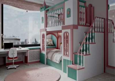Яркая мебель со сказочным дизайном и зоной для игр в детскую комнату девочки — проект 6695-1